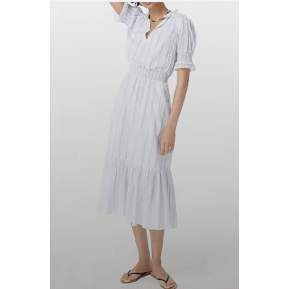 J.CREW Dress Womens Medium Blue White Stripe Smocked Ruffle Midi Cotton Sundress